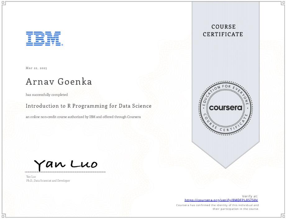 IBM R Programming certificate